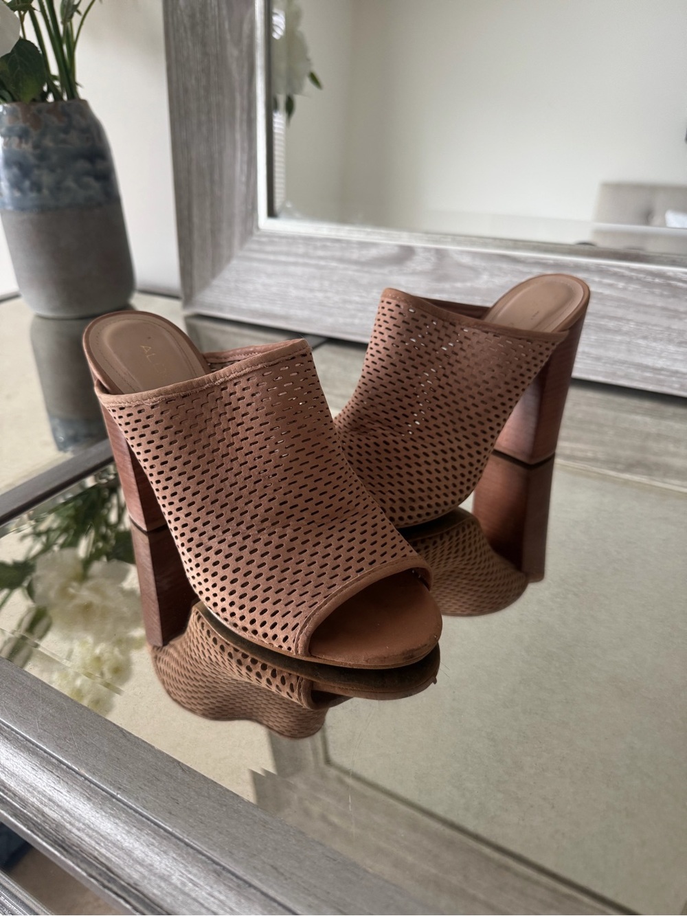 Aldo Brown Perforated Peep-Toe Block Heel Mules